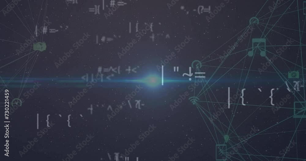 Animation of data processing over network of connections with icons on black background Animation of data processing over network of connections with icons on black background