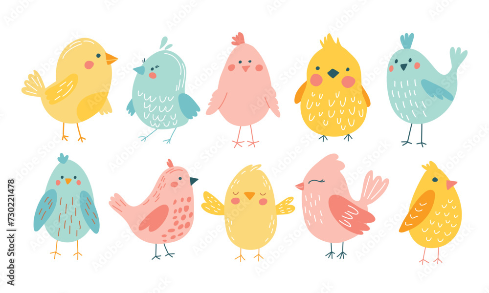 Cute birds in vector. Cartoon set, funny birds in pastel colors. Cute birds in vector. Cartoon set, funny birds in pastel colors.