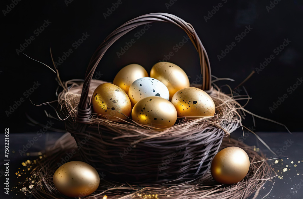 Golden eggs nestled in a dark wicker basket on a black background, symbolizing wealth and prosperity. Easter concept, easter eggs. Banner Golden eggs nestled in a dark wicker basket on a black background, symbolizing wealth and prosperity. Easter concept, easter eggs. Banner