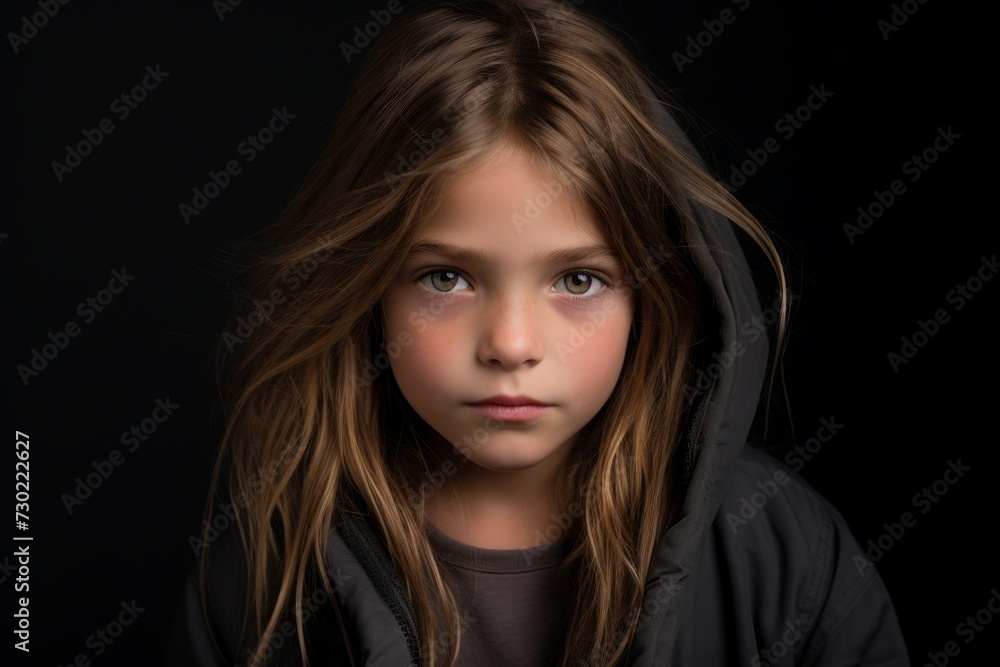 Portrait of a beautiful little girl with long hair in a hood on a black background Portrait of a beautiful little girl with long hair in a hood on a black background