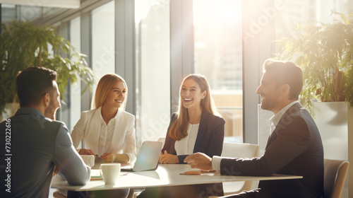 Diverse group of businesspeople laughing together while having a meeting in the lounge of a modern office. Group or employees, teamwork, seminar, staff training, discussion, collaboration