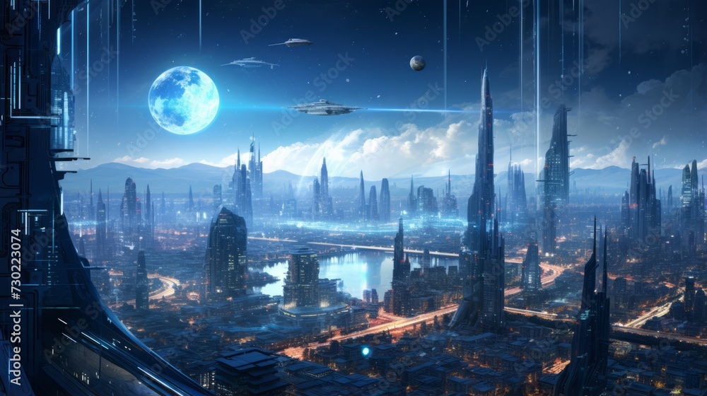 A digital cityscape featuring a bustling, futuristic metropolis