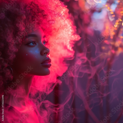 Hübsche Afroamerikanische Frau Gesicht in der Nacht mit bunten Neon Lichtern im Hintergrund Porträt, ai generativ