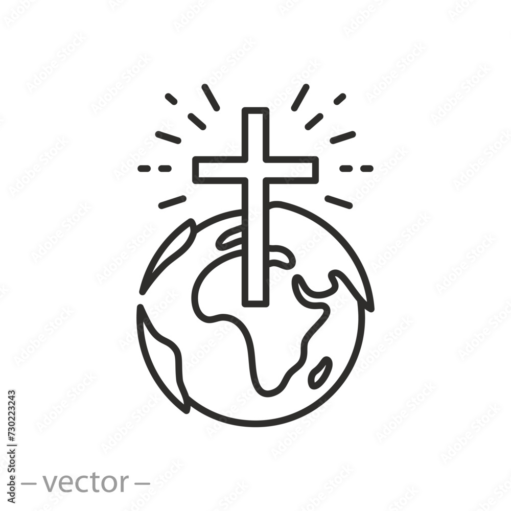globe with christian cross icon, religious world mission, global church organization, thin line symbol on white background - editable stroke vector illustration eps10 - obrazy, fototapety, plakaty 