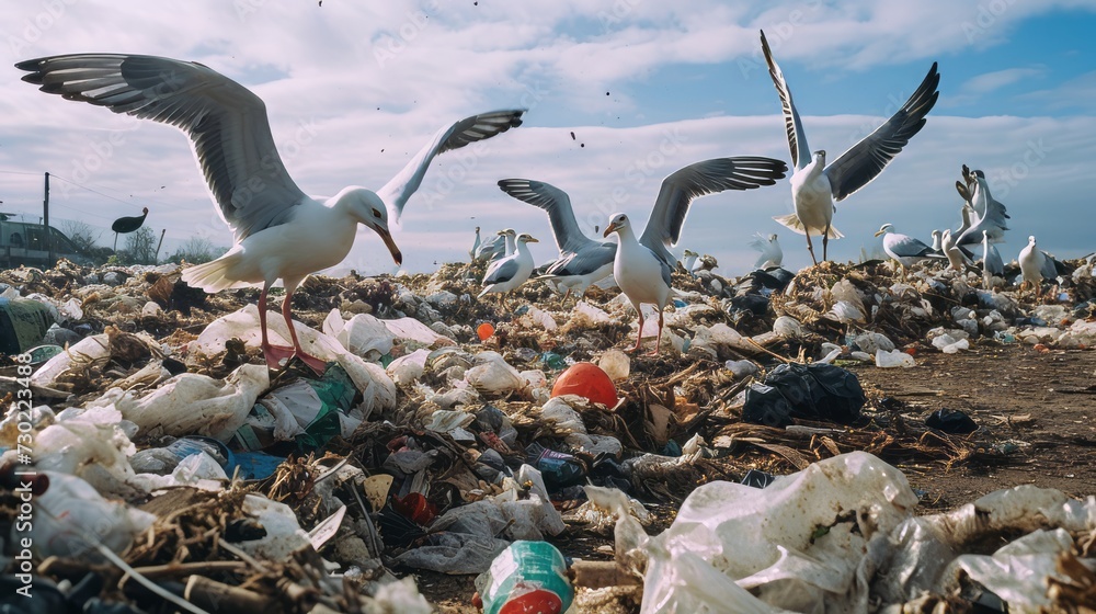 A landfill site with seagulls scavenging for food - obrazy, fototapety, plakaty 
