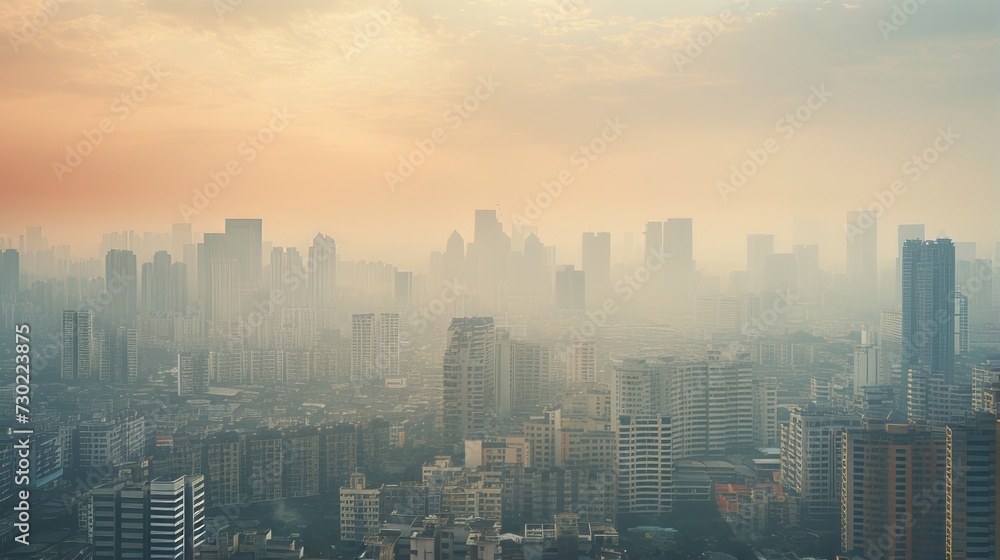 A polluted cityscape with reduced visibility due to smog and haze