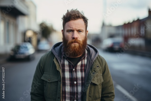 Portrait of a red-bearded hipster man in the city