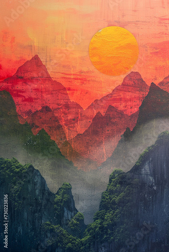 Mountain Majesty  Abstract Sunset Illustration Amidst Majestic Peaks - Nature s Beauty  Mountain Landscape  Colorful Sunset  Tranquil Scene  Abstract Artwork  Mountain Silhouette