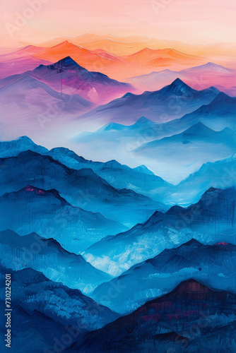 Mountain Majesty: Abstract Sunset Illustration Amidst Majestic Peaks - Nature's Beauty, Mountain Landscape, Colorful Sunset, Tranquil Scene, Abstract Artwork, Mountain Silhouette