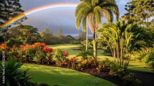 A rainbow arching over a tranquil botanical garden