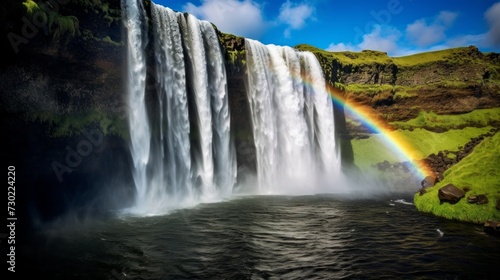 A rainbow emerging from behind a waterfall
