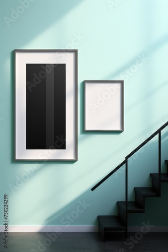 A template mock-up frame on a wall with a shadow  in the style of minimalistic modern interior