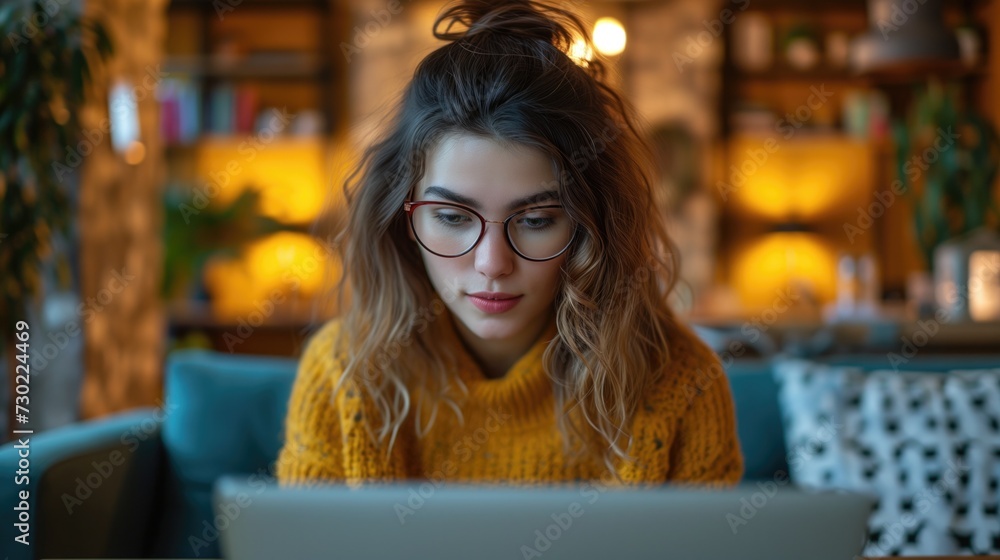 A cute beautiful business woman wearing eyeglasses using laptop while seated on couch at home, Cozy office workplace, remote work, generative ai A cute beautiful business woman wearing eyeglasses using laptop while seated on couch at home, Cozy office workplace, remote work, generative ai