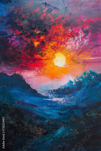 "Radiant Horizon: Abstract Landscape Painting Featuring the Sun - Nature's Brilliance, Sunlit Scene, Colorful Abstraction, Luminous Artwork, Vibrant Sunlight, Serene Atmosphere