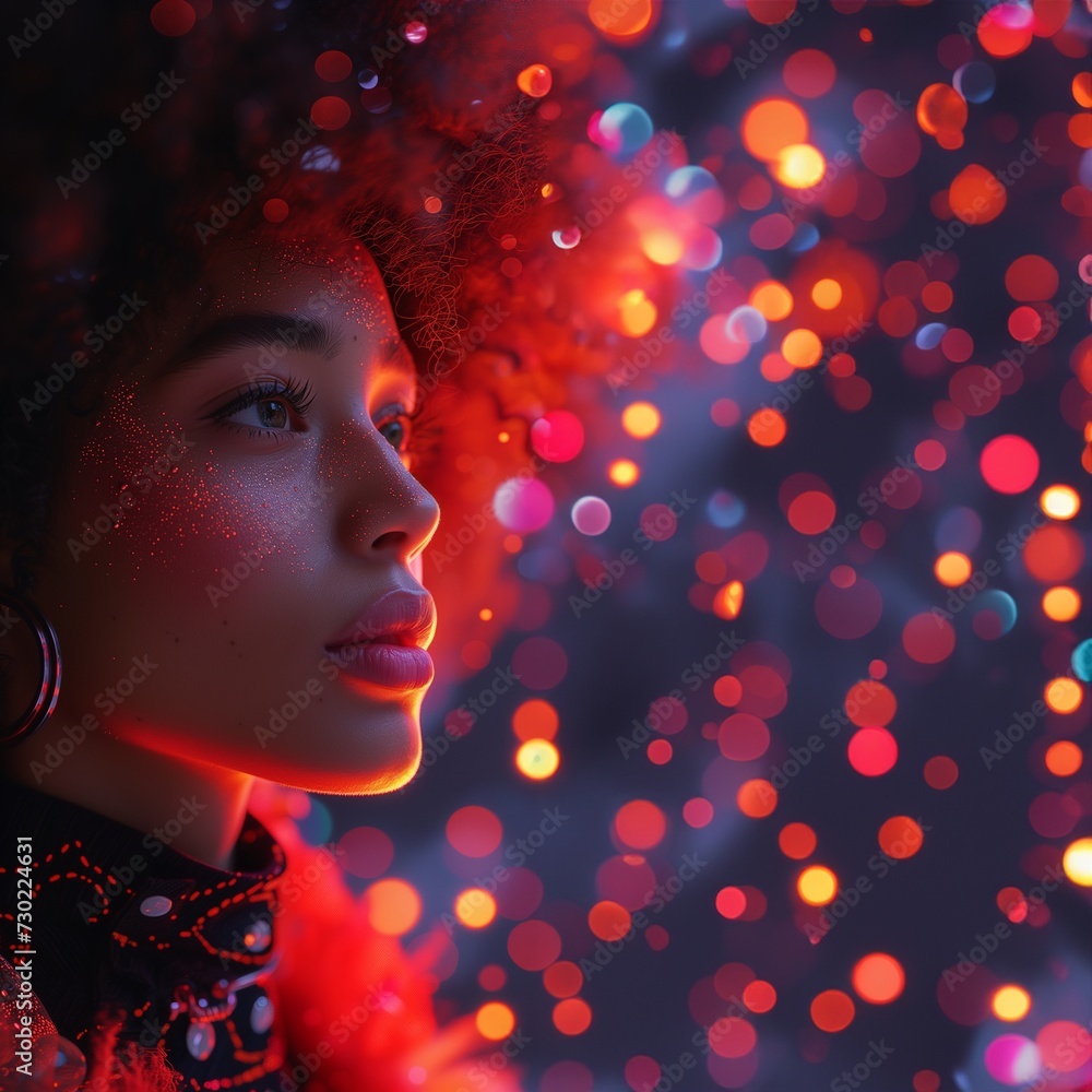 Hübsche Afroamerikanische Frau Gesicht in der Nacht mit bunten Neon Lichtern im Hintergrund Porträt Hübsche Afroamerikanische Frau Gesicht in der Nacht mit bunten Neon Lichtern im Hintergrund Porträt