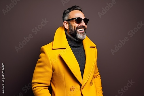 Portrait of a stylish mature man in yellow coat and sunglasses. © Iigo