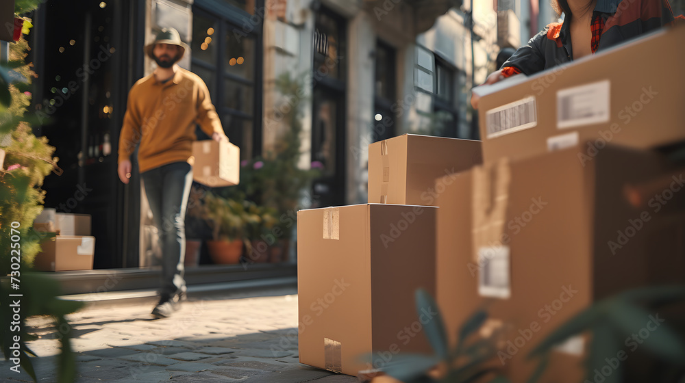 A delivery person walking out of a door with a package, surrounded by boxes on the sidewalk. A delivery person walking out of a door with a package, surrounded by boxes on the sidewalk.