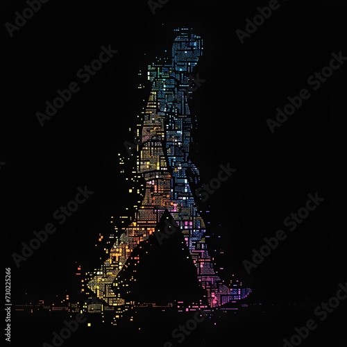 a single line art of a man walking 18bits pixelated multi colour shot, black paper background, pale silver, midnight blue, Celeste, bright teal, emerald, green, red, pink. generative AI