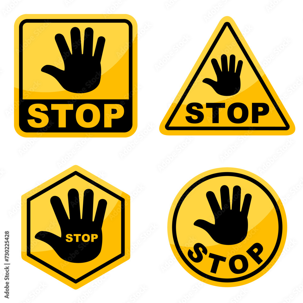 Fototapeta premium Set of simple yellow stop roadsign with big hand symbol or icon vector illustration