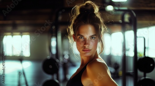 Closeup headshot of young fit sporty muscular caucasian woman with beautiful eyes in gym after training looking at camera