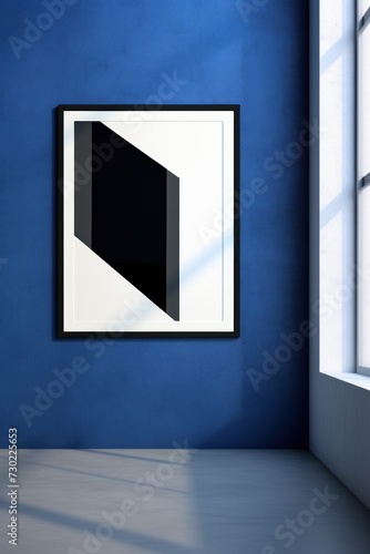 A black frame on a wall with a shadow