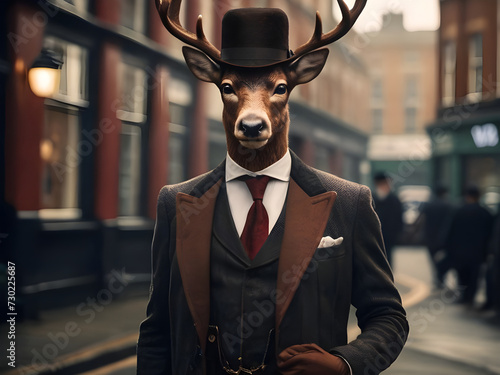 Anthropomorphic Red deer - The look is a interpretation of a typical 1920s in London streets.