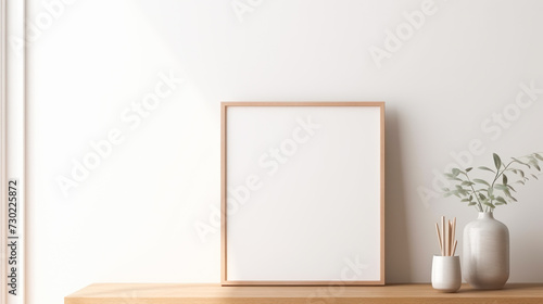 Stylish Scandinavian interior with a dresser or shelf, mock-up photo frame, elegant accessories and beautiful vases. Modern home decor. Minimalistic concept. Sample. Empty mock up with photo frame