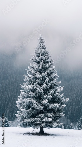 Solitary Snow-Covered Tree in Winter Landscape. A solitary pine tree stands covered in snow against a misty forest backdrop, evoking the serene beauty of winter