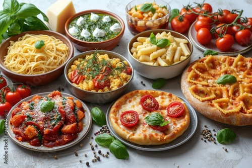 Full table of Italian meals on plates Pizza  pasta  ravioli  carpaccio. caprese salad and tomato bruschetta on a table