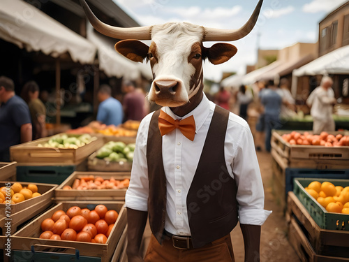 Bull wearing a shirt and bow tie stands at an outdoor market, surrounded by fruit and vegetable crates. © Natasa