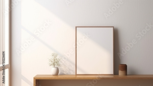Portrait wooden frame mock up on a dresser or shelf at a white wall. Two ceramic vases on the table. Copy space. Modern minimalistic Scandinavian interior. Photo frame template  sample. Sunlight