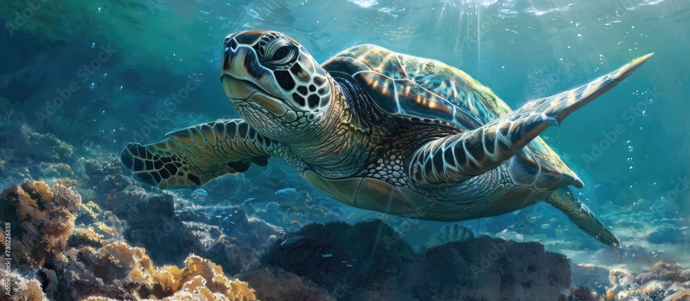 Obraz premium Large sea turtle beneath the sea