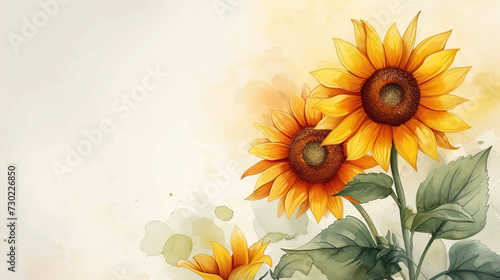 cute sunflower card illustration of water paint colors, with copy space, spring , valentines cards or other party invitation cards, nursery room decor or portraits
