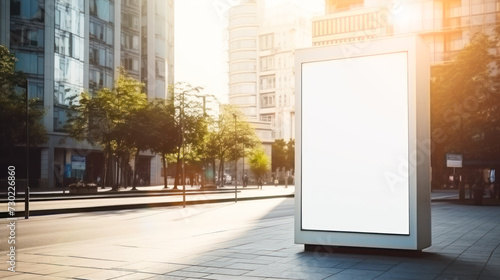 Blank vertical billboard mockup of street poster with city background. Sunlight. Copy space. Billboard template in city scene. Outdoor advertising. Stand with a poster on an empty street