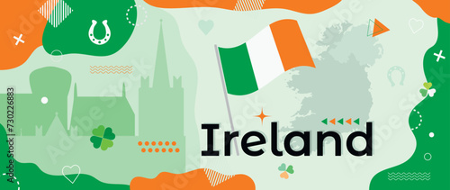 Republic of Ireland holiday banner with national flag and country map silhouette. Abstract geometric design with orange, green and white color shapes and memphis style elements