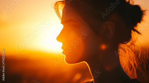 Portrait shot of beautiful brunette woman sitting outdoor in the fields looking at camera at sunset