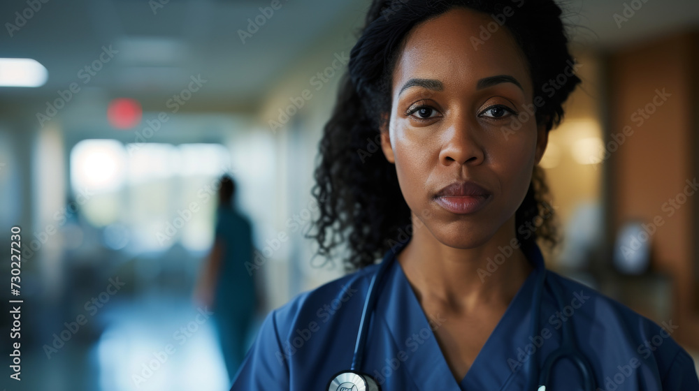 Fototapeta premium Closeup portrait of confident black surgeon or nurse in hospital