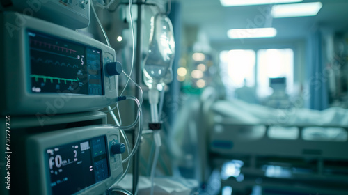 Closeup of medical technology equipment in hospital with blurred background photo