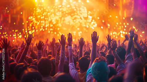  Crowd cheering at a music festival in front of a firework.Concert crowd at a music festival - Happy people dancing and having fun.