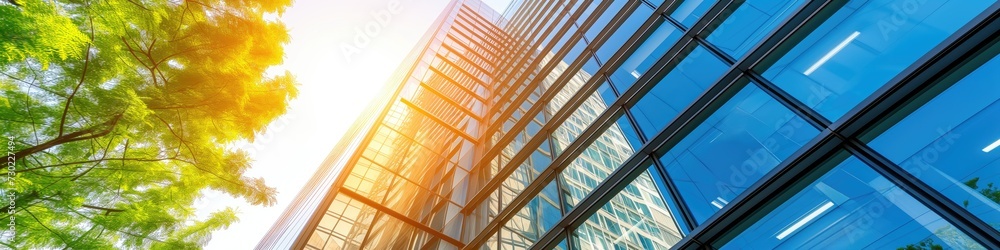 Glass wall of the office building exterior on bright summer day outside and a green tree background photo Glass wall of the office building exterior on bright summer day outside and a green tree background photo