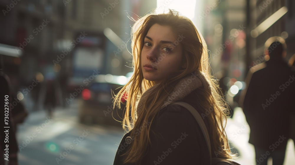 Street photograph of young woman walking in the streets Street photograph of young woman walking in the streets