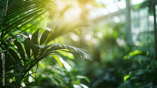 Beautiful interior of greenhouse full of green plants at sunlight