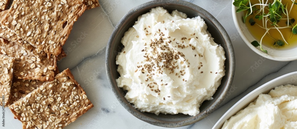 Overhead view of cream cheese with gourmet gluten-free seed crispbread. Overhead view of cream cheese with gourmet gluten-free seed crispbread.