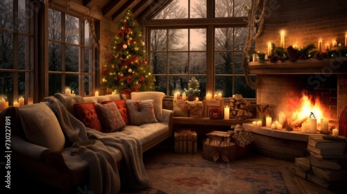 Cozy Yuletide setting with warm lights and rustic elements