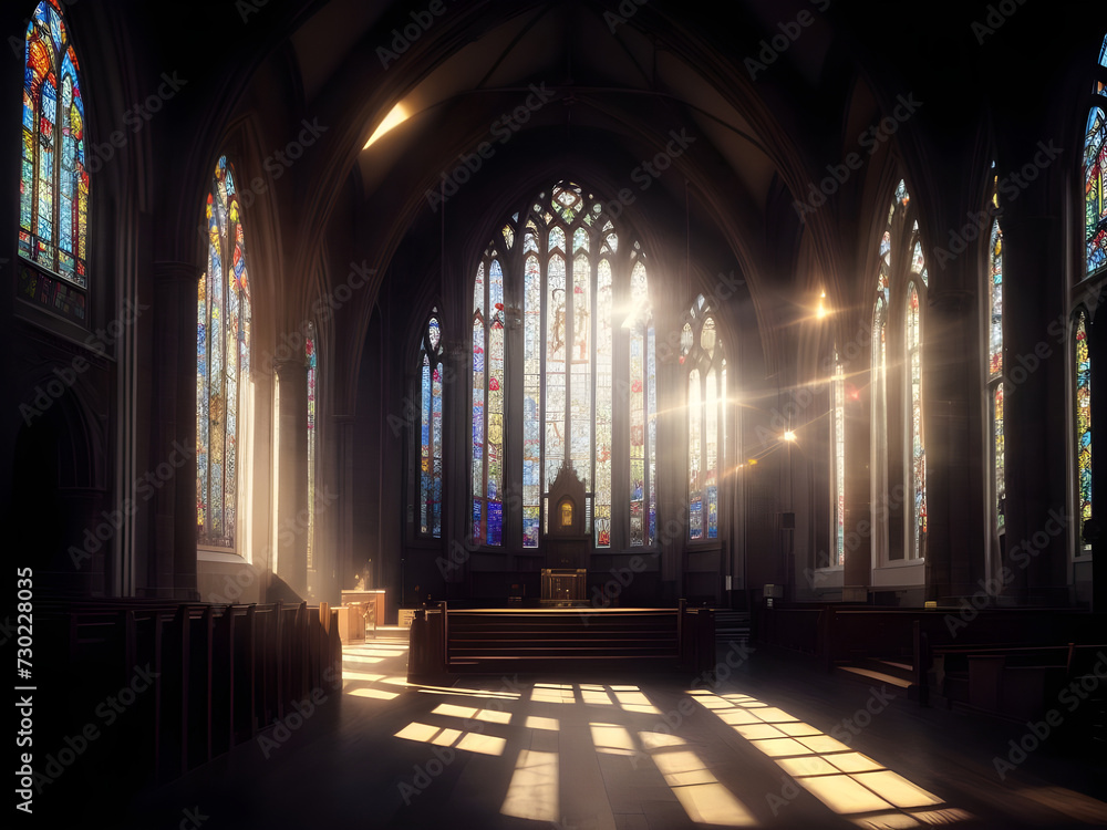 Church with stained glass windows and a light shining through the window panes on the floor and the walls and ceiling is dark and the light is shining.