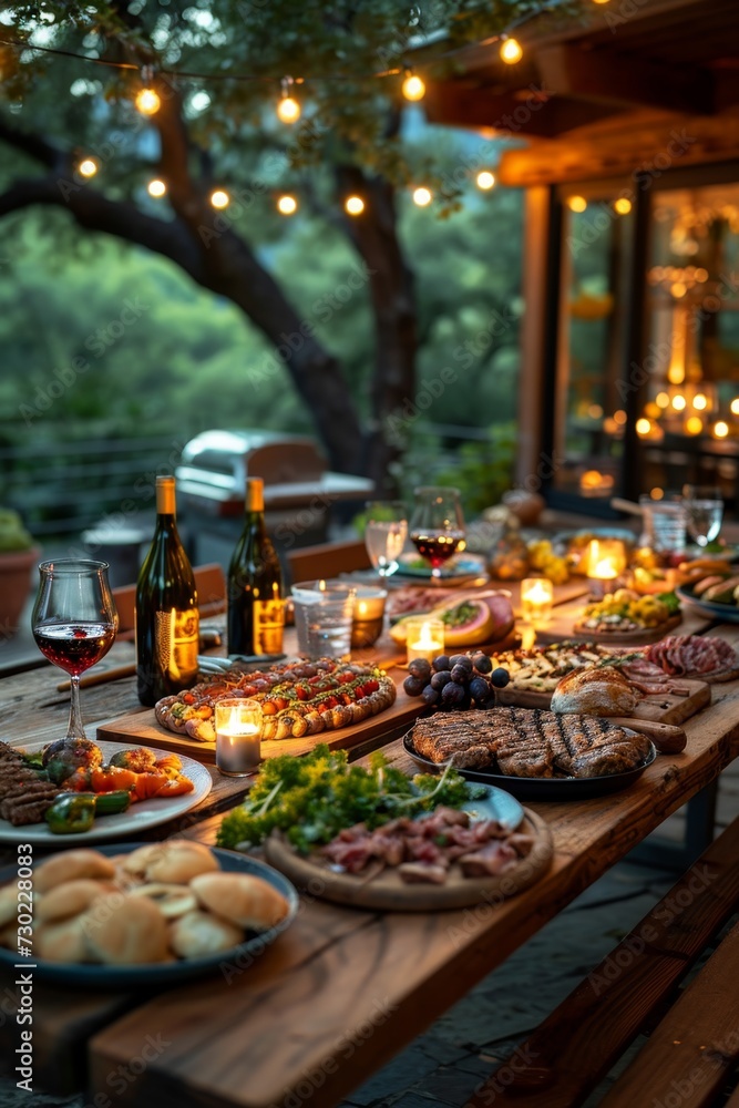 A beautifully set table for a holiday with wine and beautiful lighting. Evening festive dinner on the street near the house