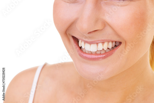 Smile, dental and woman in studio for oral care, hygiene and fresh breath treatment closeup on white background. Teeth whitening, mouth or female model with mockup for cleaning, tooth or gum wellness