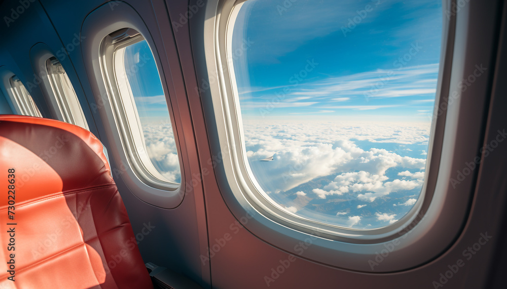 Flying high in a commercial airplane, looking through the window generated by AI Flying high in a commercial airplane, looking through the window generated by AI