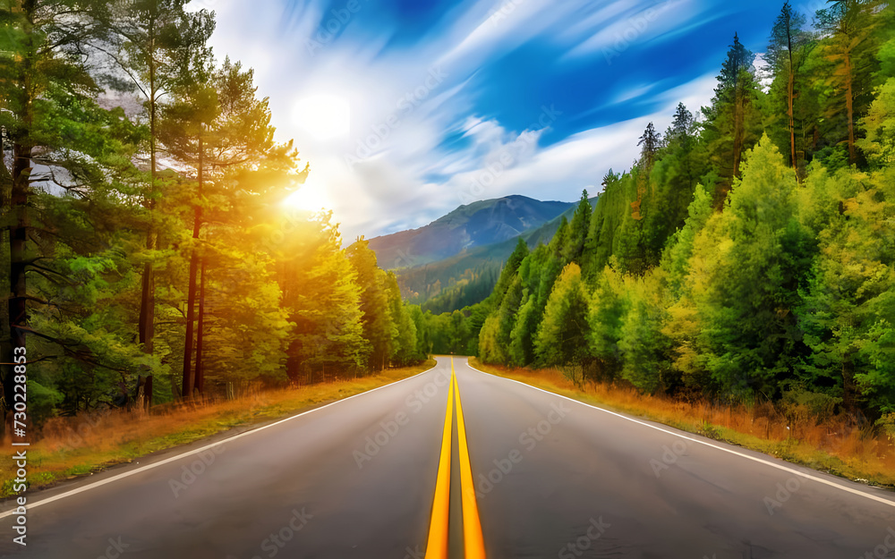 Fototapeta premium Exploring the Idyllic Landscape along the Asphalt Road, Where Emerald Forests Meet Expansive Blue Skies. Bask in the Golden Glow of Nature's Grandeur Through this Captivating Photography.