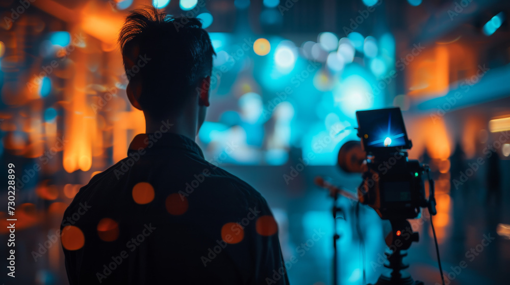 Young camera man working at set behind the camera Young camera man working at set behind the camera